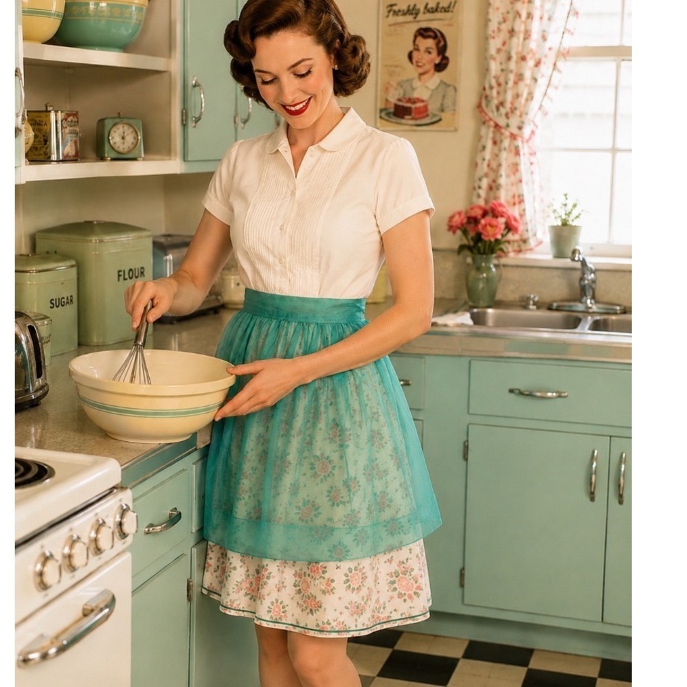 VTG 50's green apron‎ sheer one size mod retro housewife